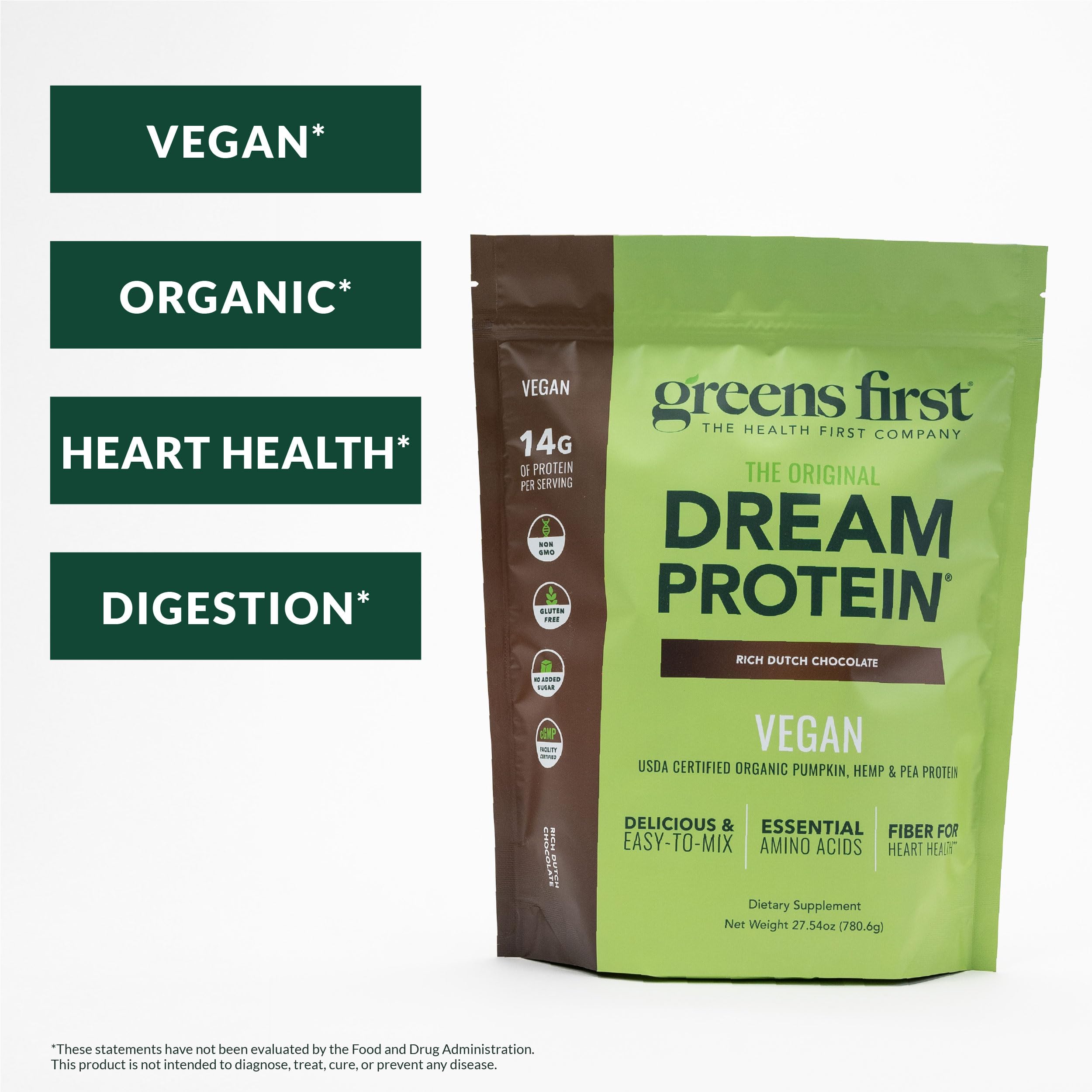 Greens First Dream Protein tub back highlights organic gluten-free non-GMO formula with pumpkin hemp and pea