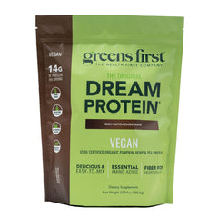 Greens First Dream Protein tub front shows rich Dutch Chocolate flavor for a plant-based shake