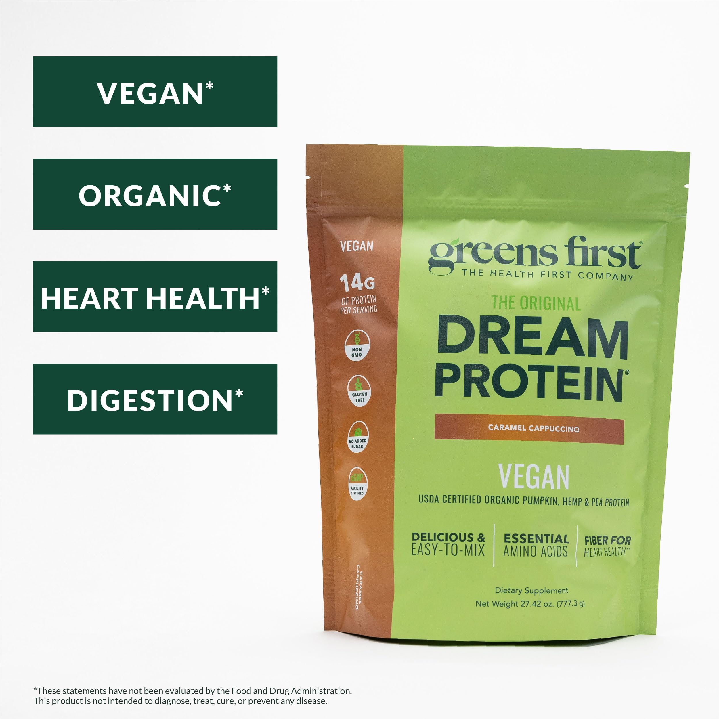 Greens First Dream Protein tub label close-up showing organic ingredients