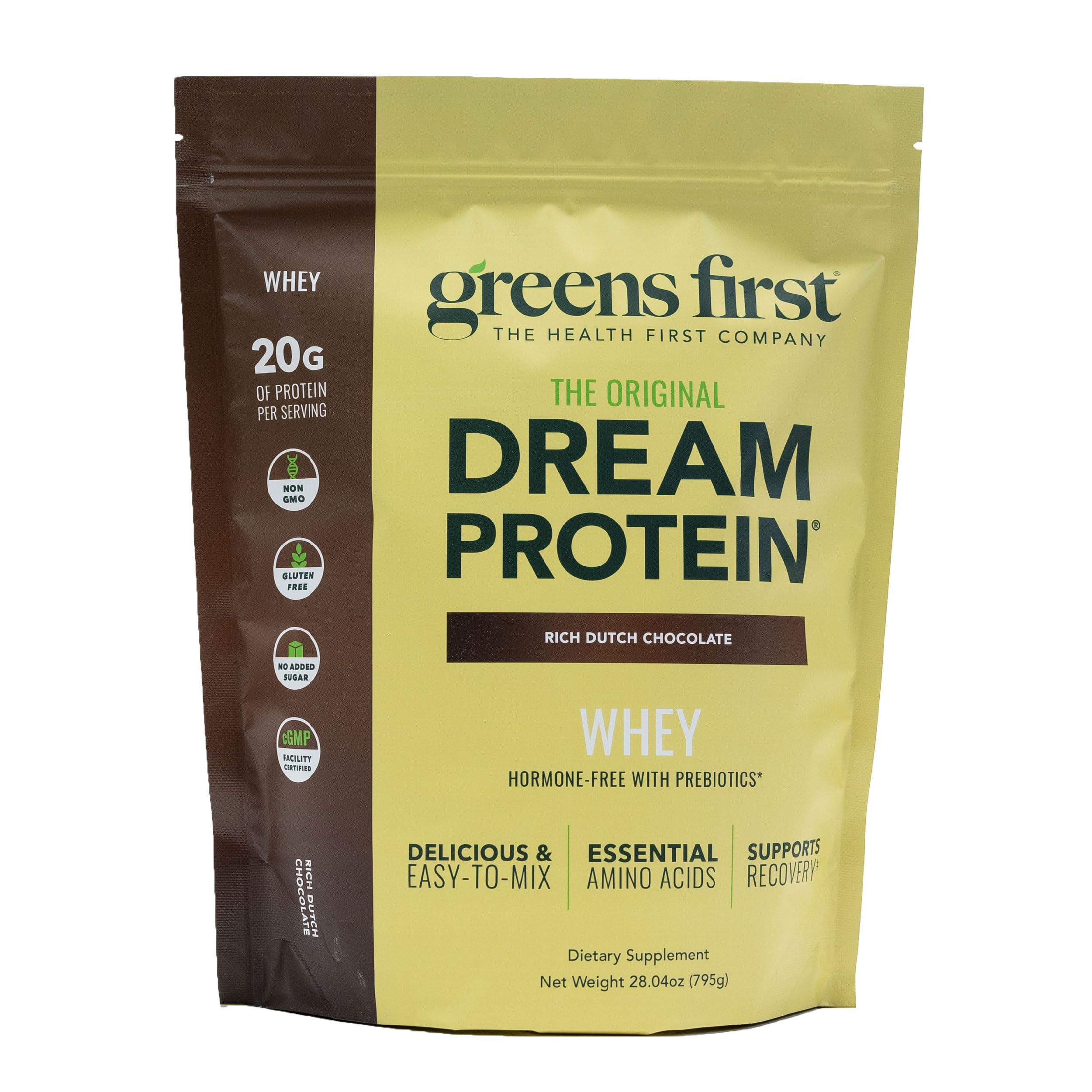 Greens First Dream Protein Whey bottle shows hormone-free formula for active lifestyles.