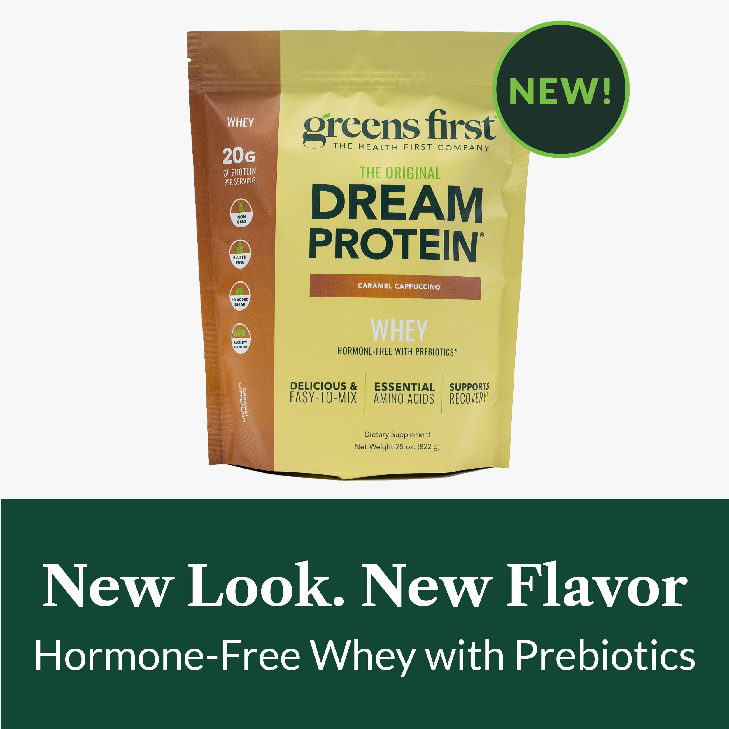 Greens First Dream Protein Whey caramel cappuccino glass with creamy aroma.