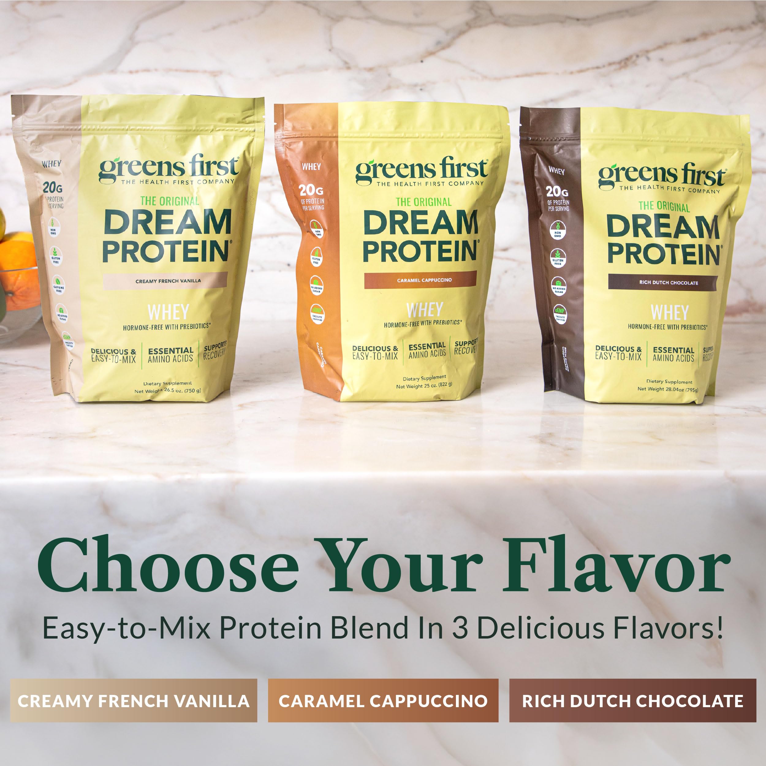 Greens First Dream Protein Whey FOS fiber promotes gut-friendly support.