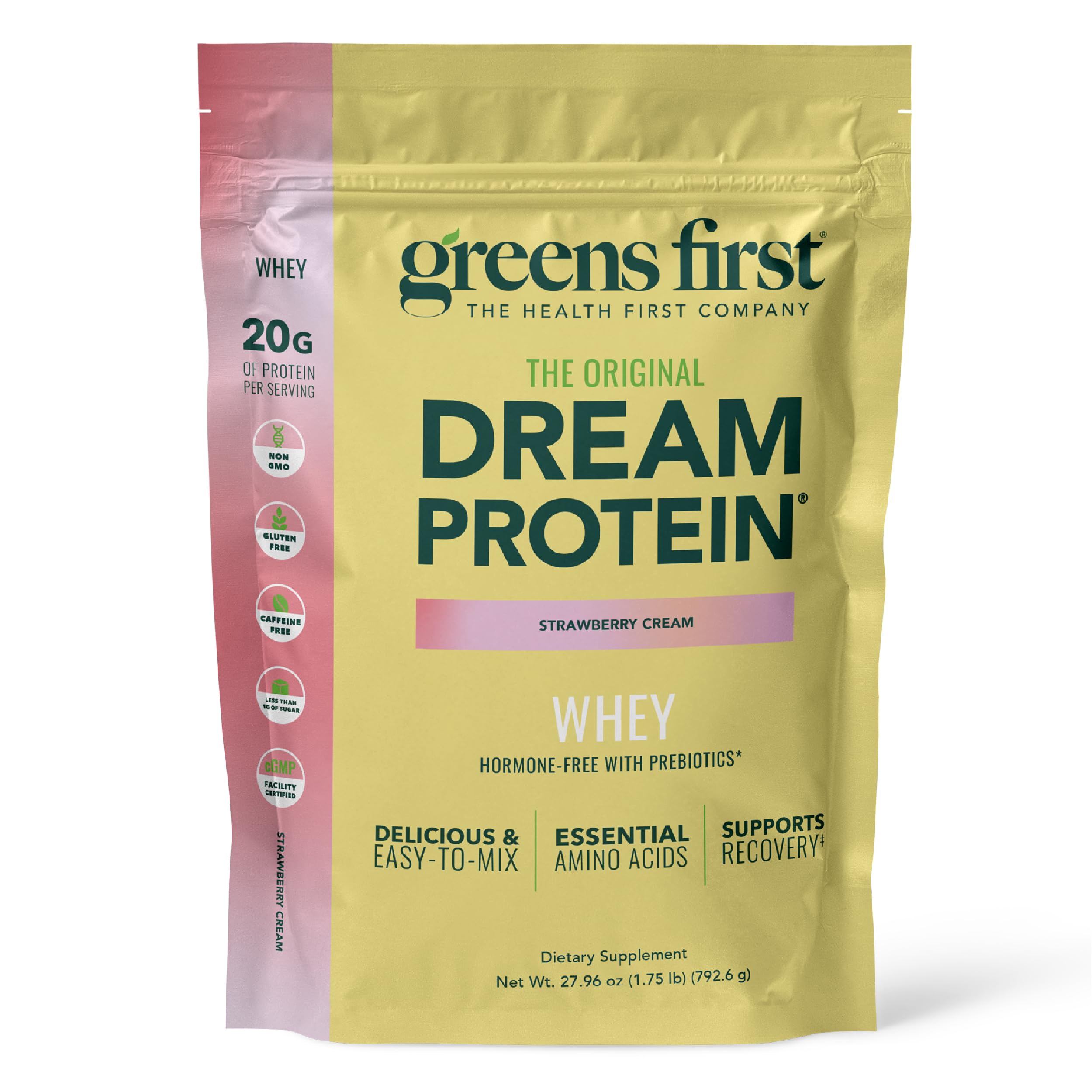 Greens First Dream Protein Whey front bottle highlighting hormone-free formula and 20g protein per serving