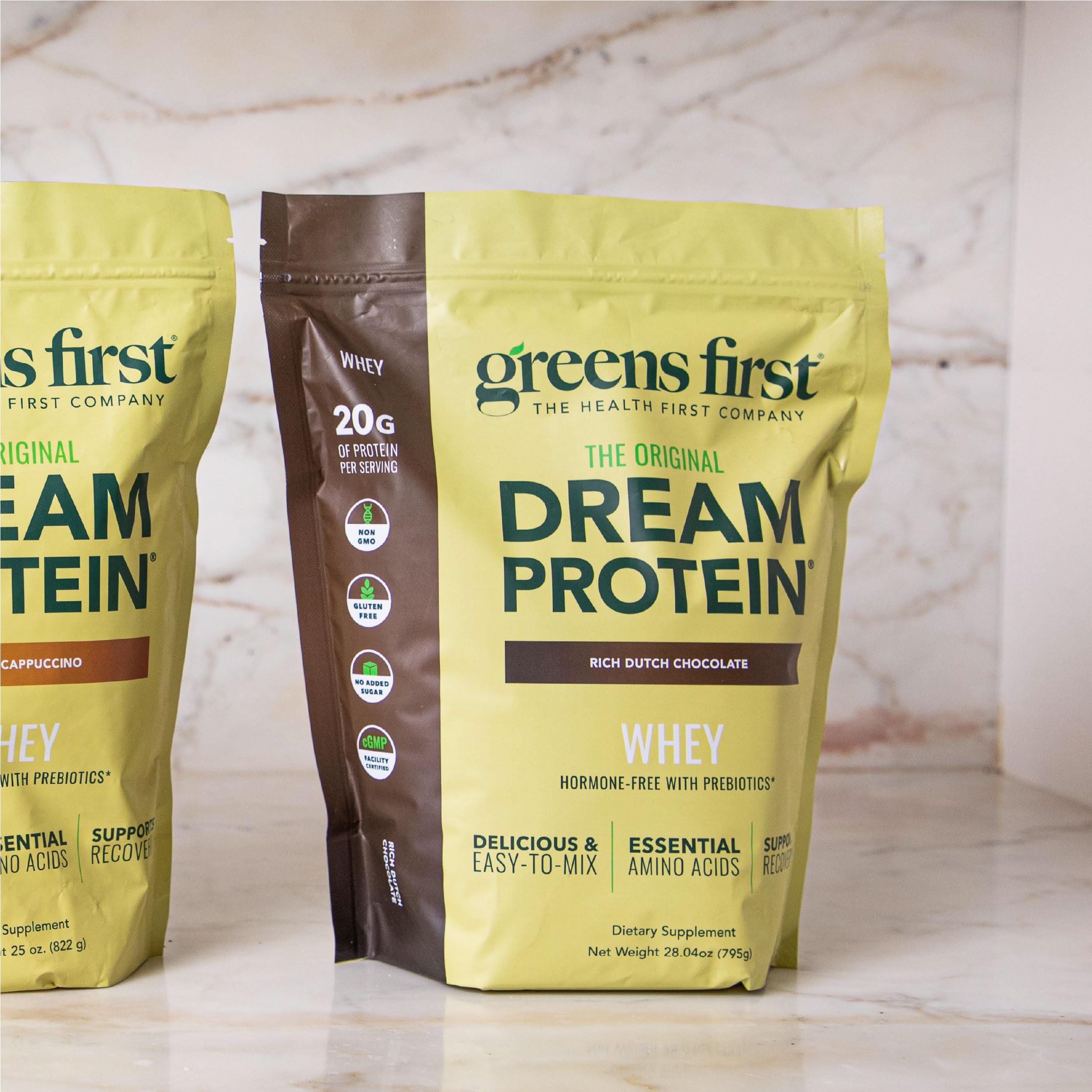 Greens First Dream Protein Whey ingredients panel shows clean, trusted components.