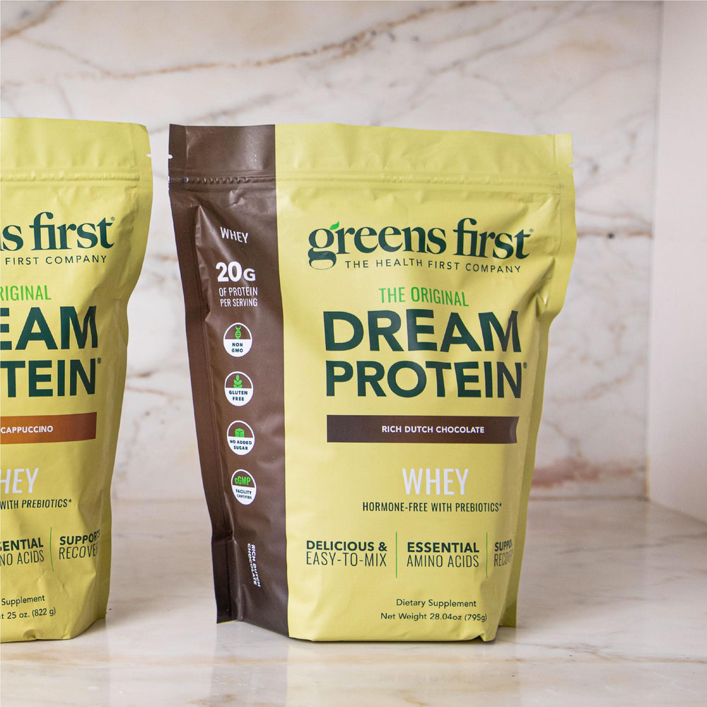 Greens First Dream Protein Whey ingredients panel shows clean, trusted components.