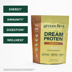 Greens First Dream Protein Whey label closeup highlights hormone-free formula.