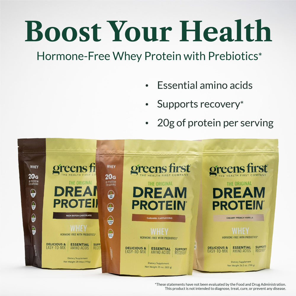 Greens First Dream Protein Whey mixing glass highlights quick preparation and flavor.