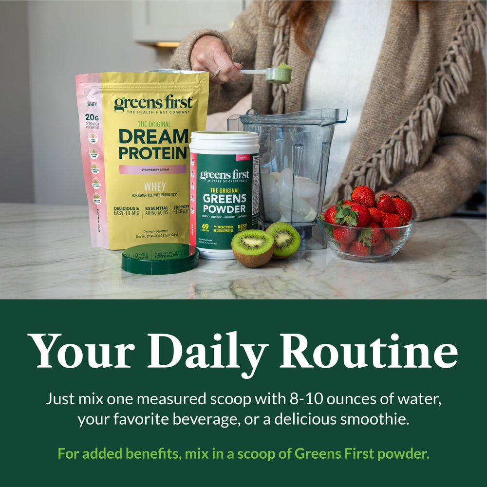 Greens First Dream Protein Whey nutrition panel highlights 20g protein per serving