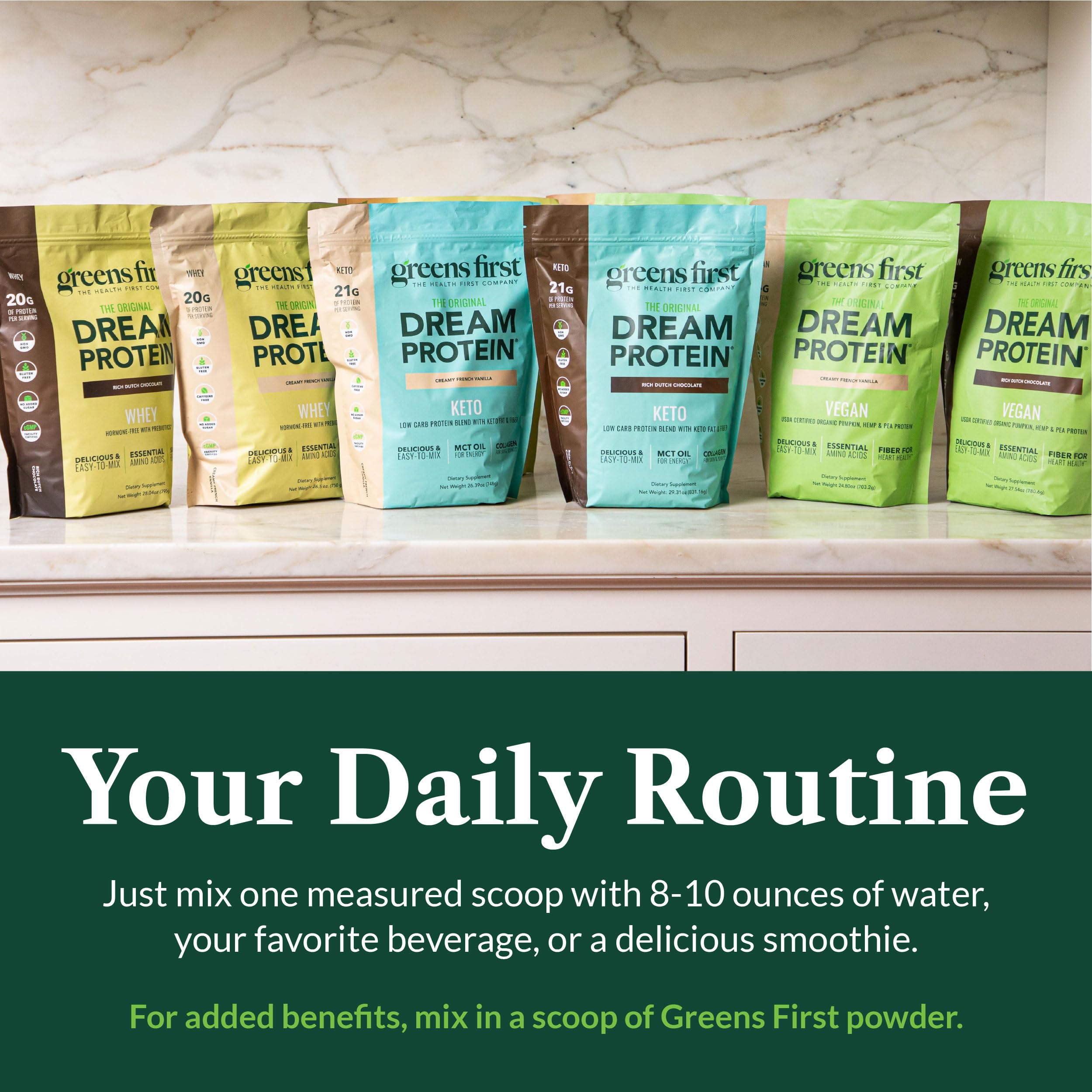 Greens First Dream Protein Whey Rich Dutch Chocolate label highlights flavor and ingredients.