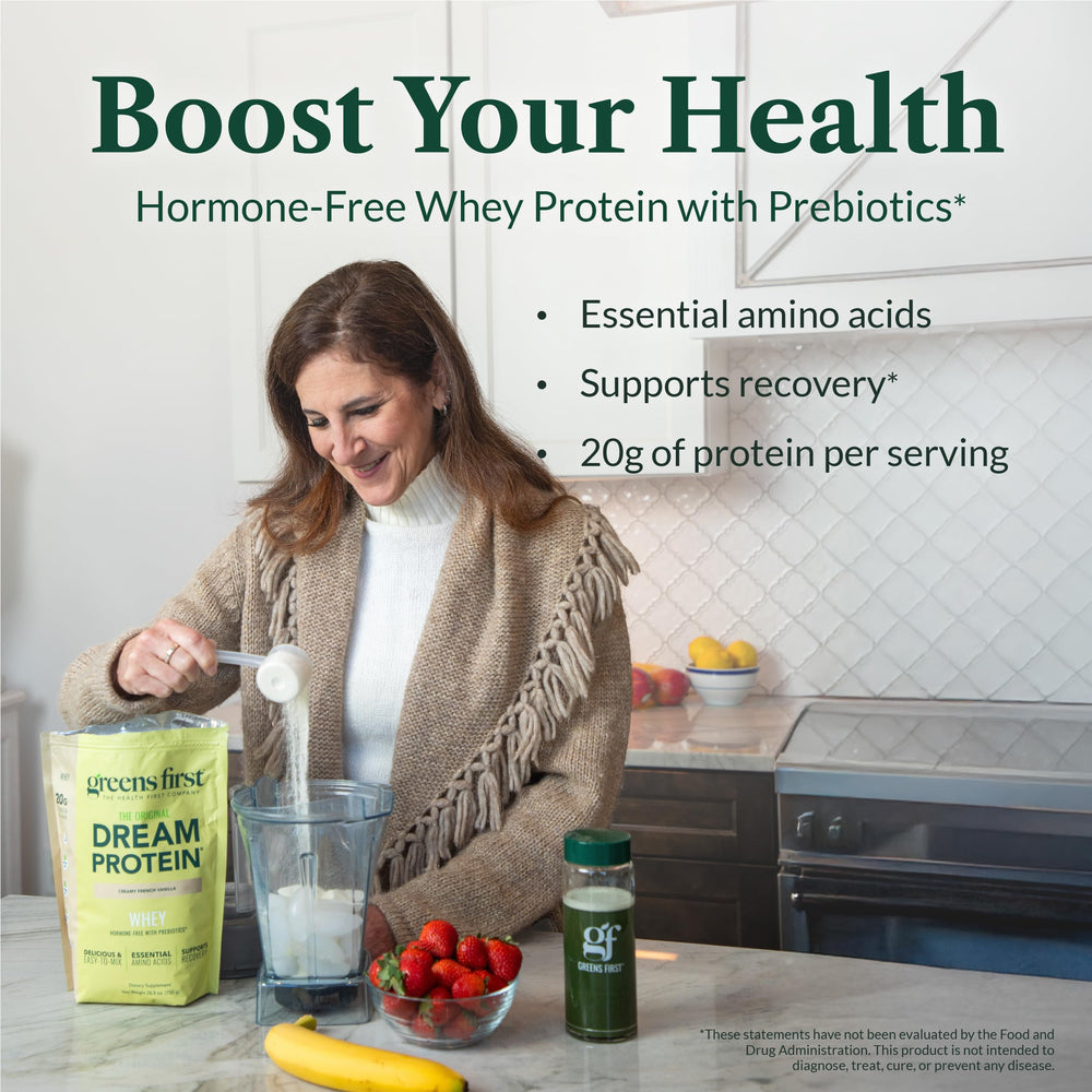 Greens First Dream Protein Whey scoop beside powder for a quick, protein-rich snack