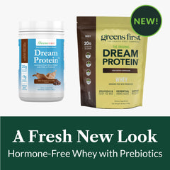 Greens First Dream Protein Whey scoop indicates 20g protein per serving.