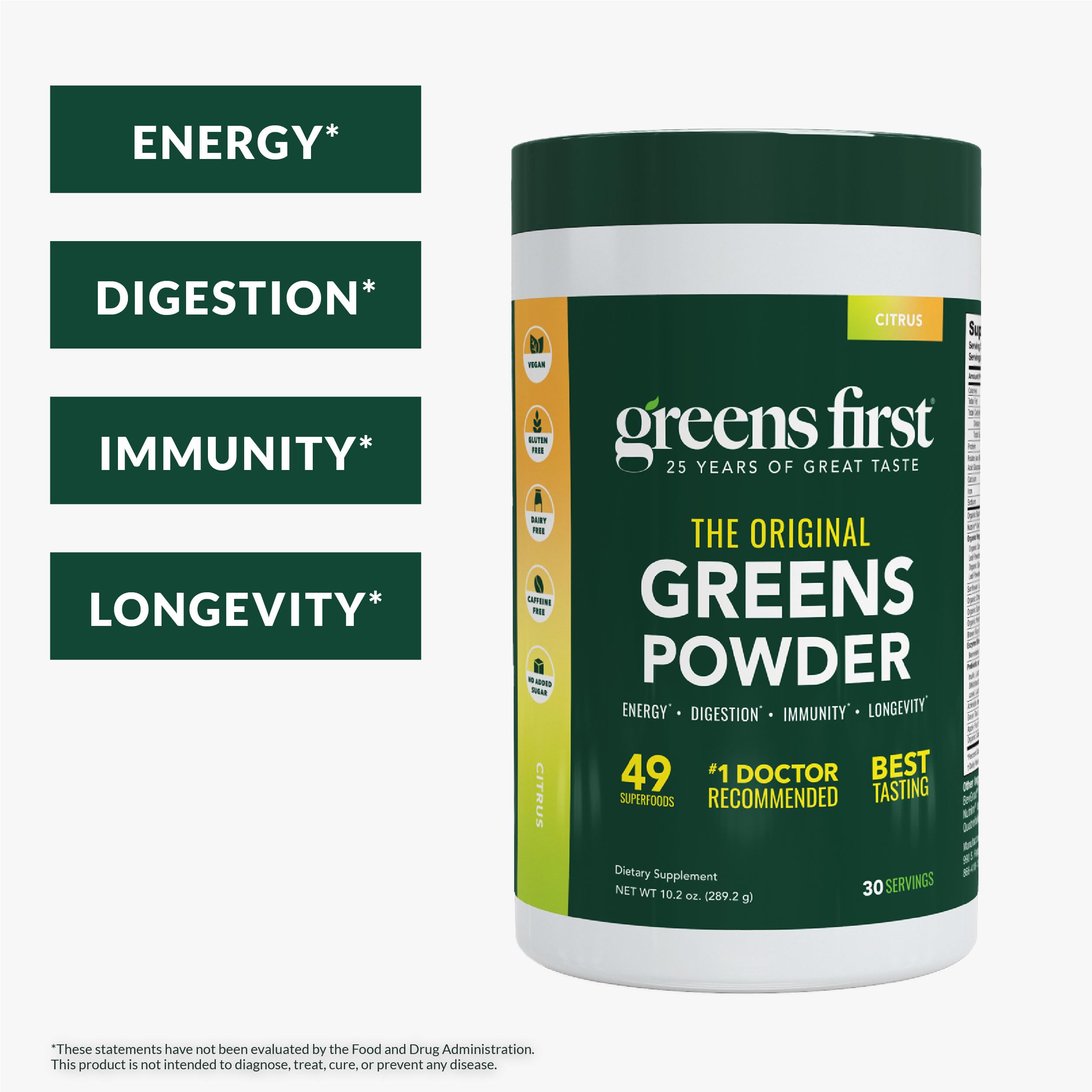 Greens First label close-up highlighting organic vegan ingredients for clean daily nourishment