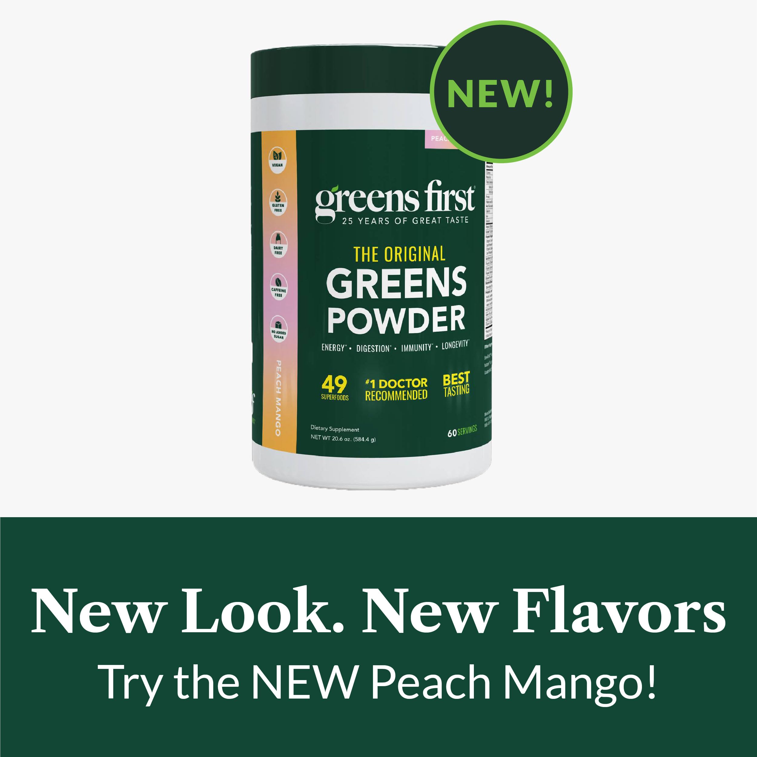 Greens First label features dairy-free and vegan certification for clean nutrition.