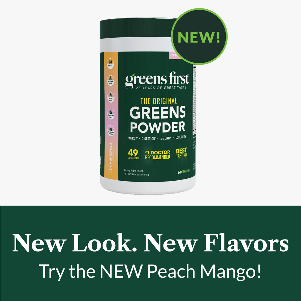 Greens First label features dairy-free and vegan certification for clean nutrition.