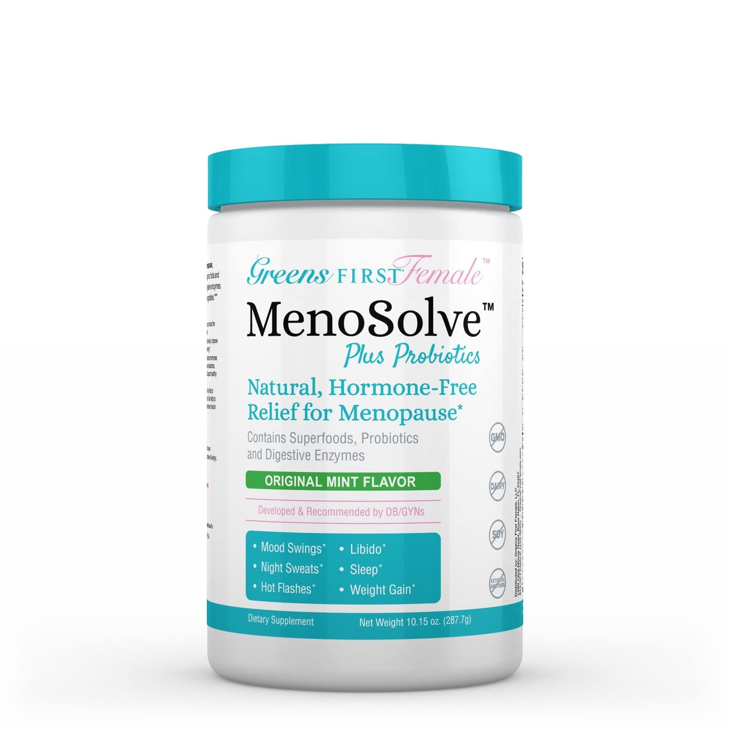 Greens First MenoSolve bottle closeup for daily menopause support.