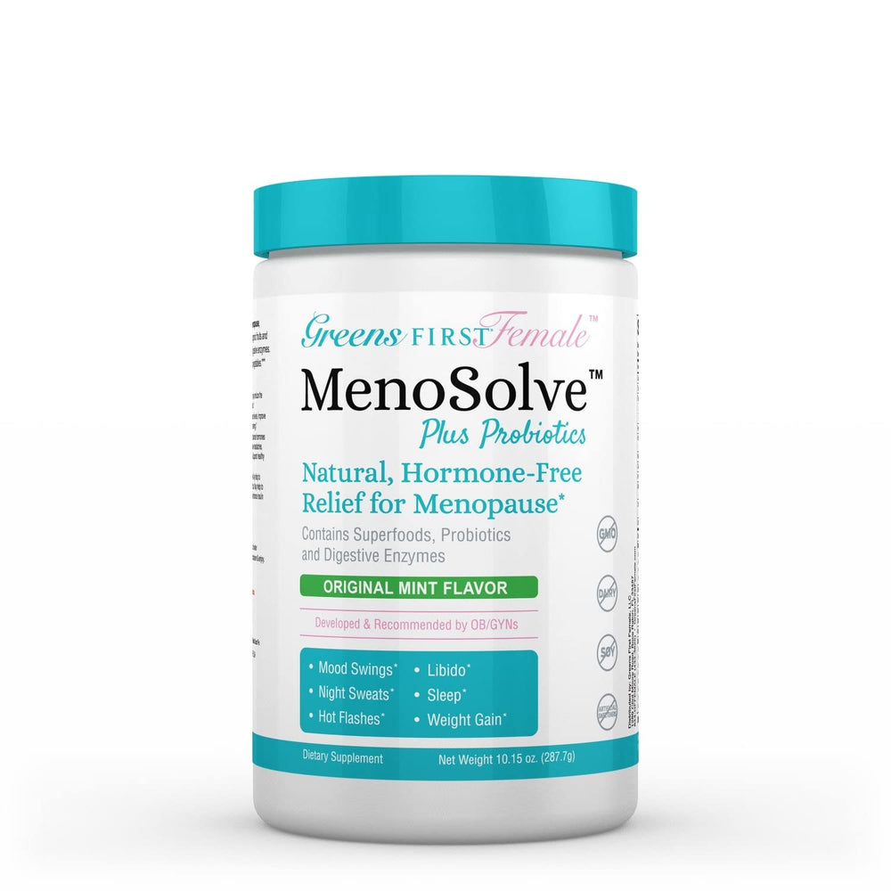 Greens First MenoSolve bottle closeup for daily menopause support.