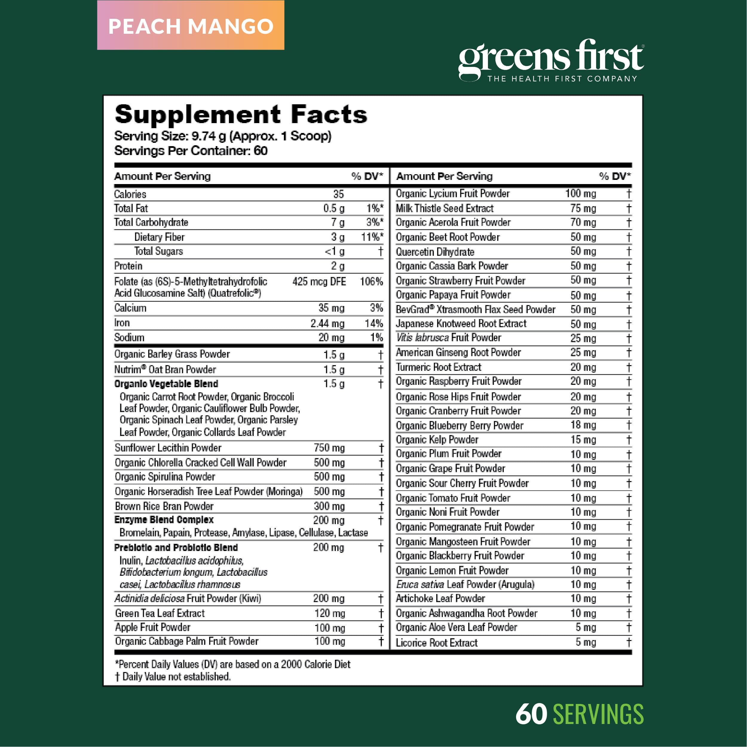 Greens First non-GMO badge on label signaling quality nutrition.