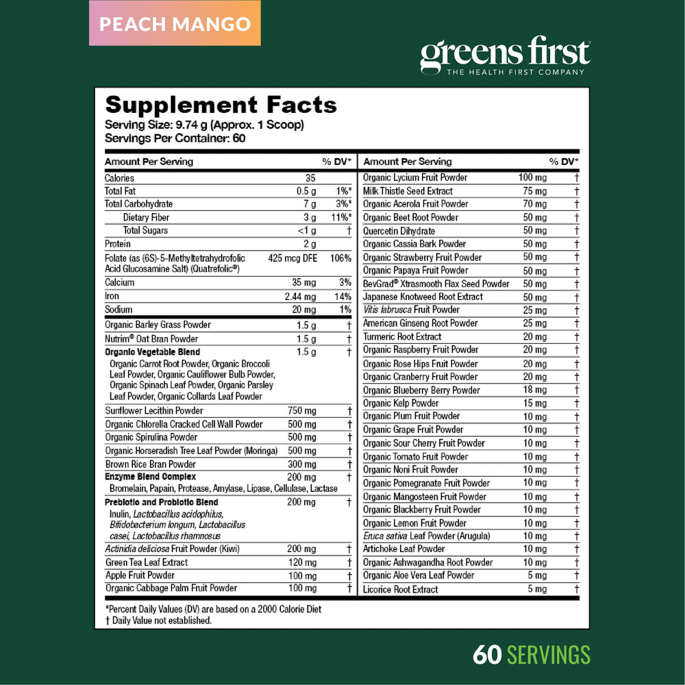 Greens First non-GMO badge on label signaling quality nutrition.