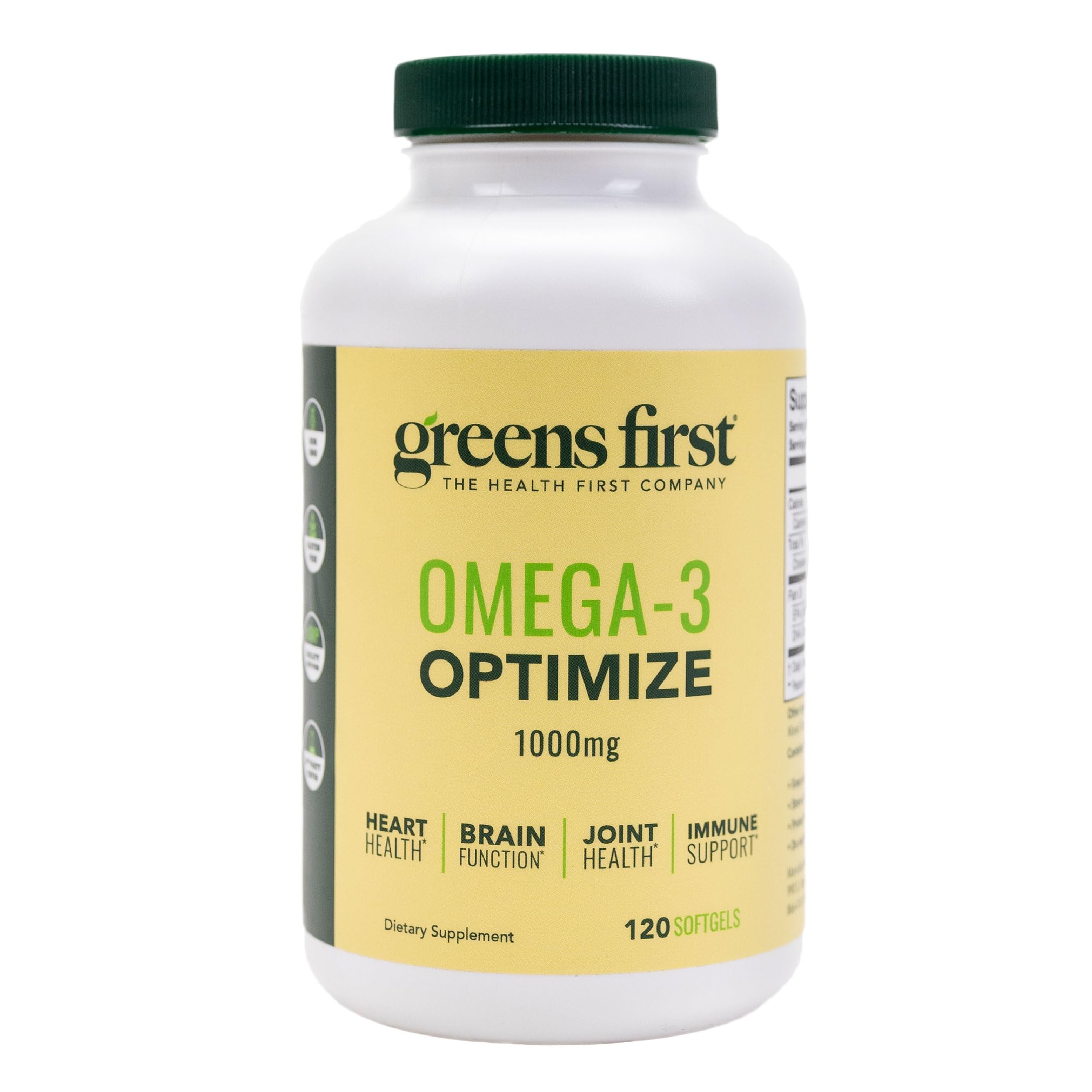 Greens First Omega-3 Optimize bottle front with softgels for daily support.