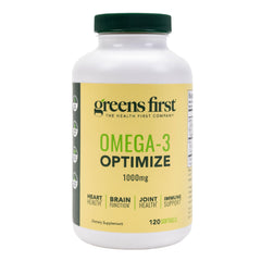Greens First Omega-3 Optimize bottle front with softgels for daily support.