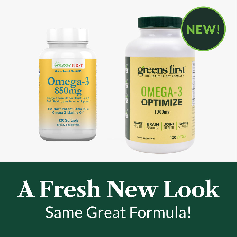 EPA/DHA potency icon on Greens First Omega-3 Optimize label.