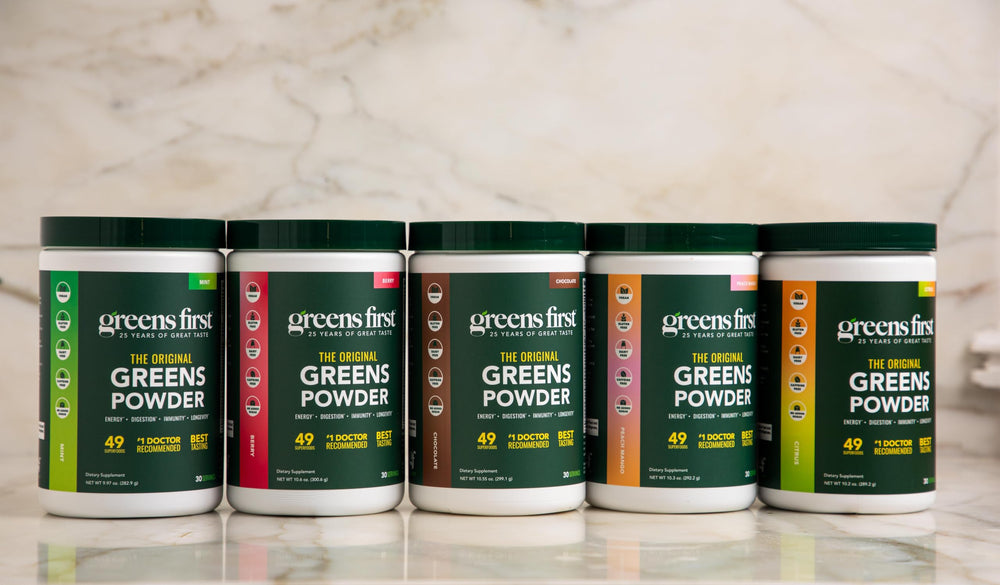 Mix of fresh fruits and greens representing 49 ingredients.