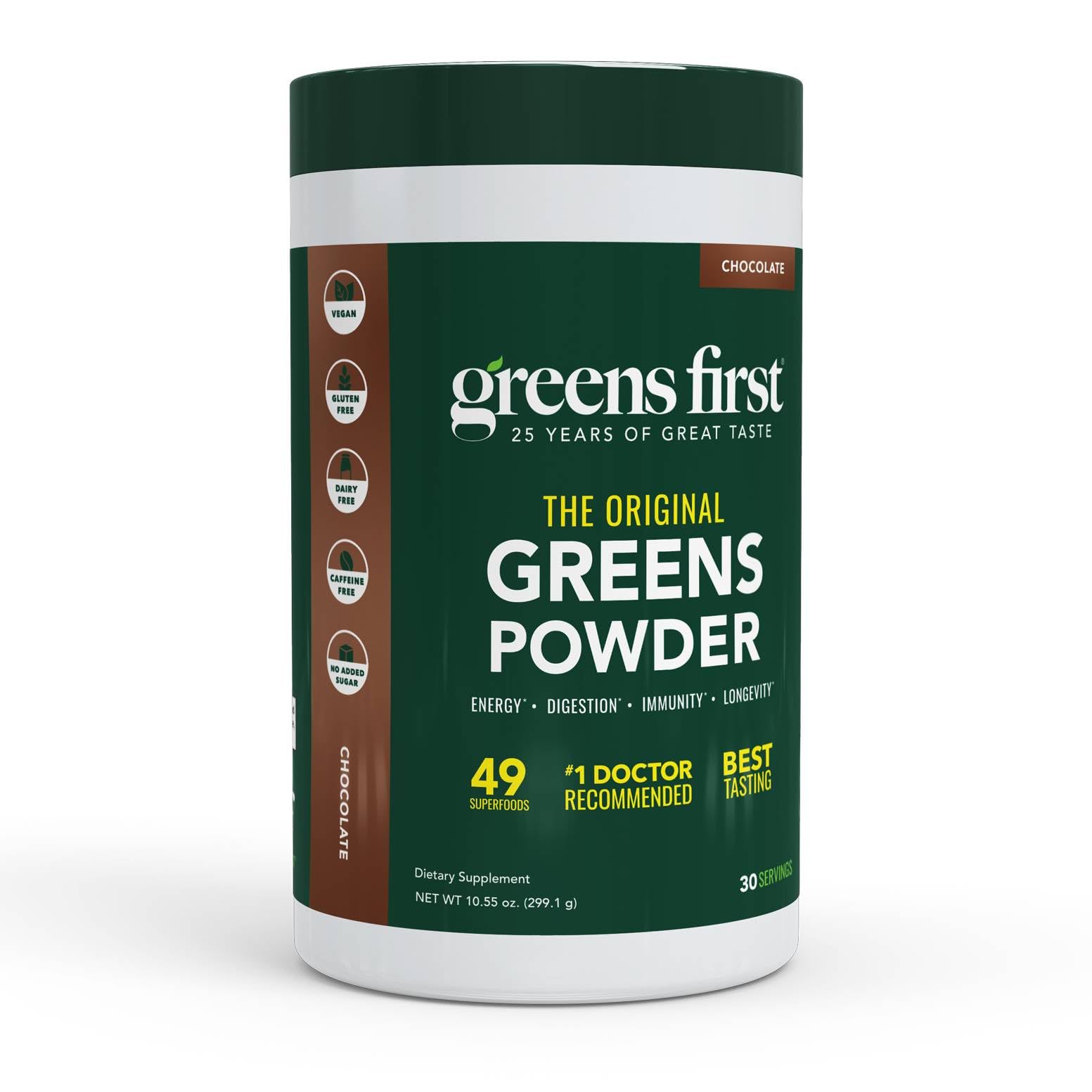 Greens First Original Greens Powder container with 49 superfoods for daily nutrition.