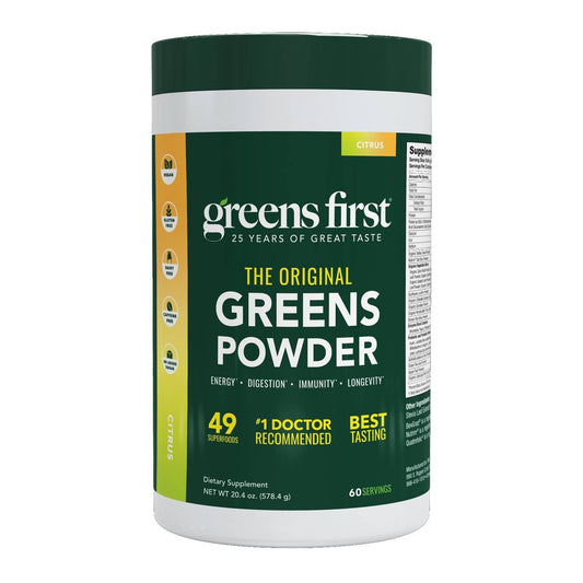Greens First Original Greens Powder bottle showing organic nutrition for daily wellbeing