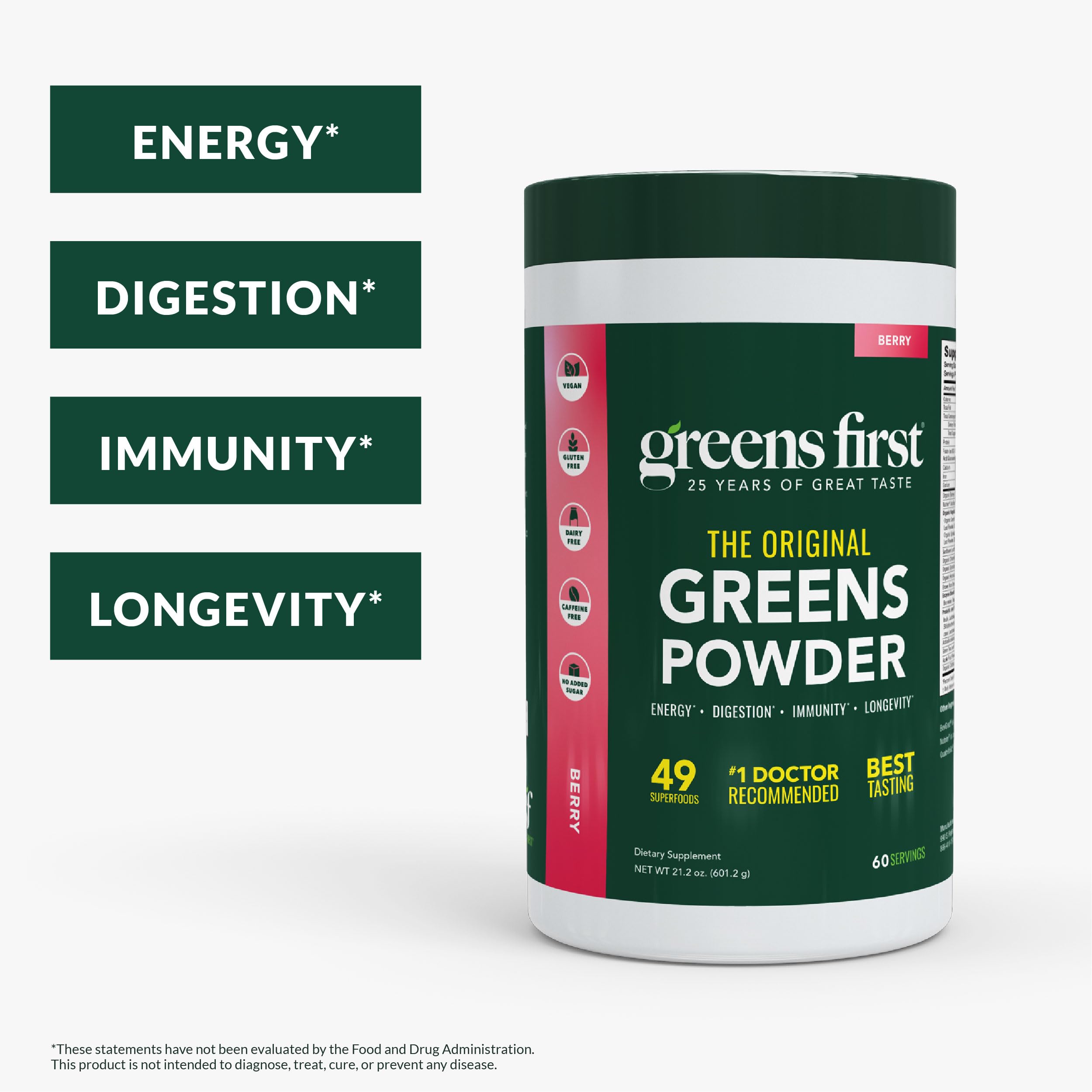 Greens First ingredients panel; vegan, non-GMO blend supports everyday nourishment.