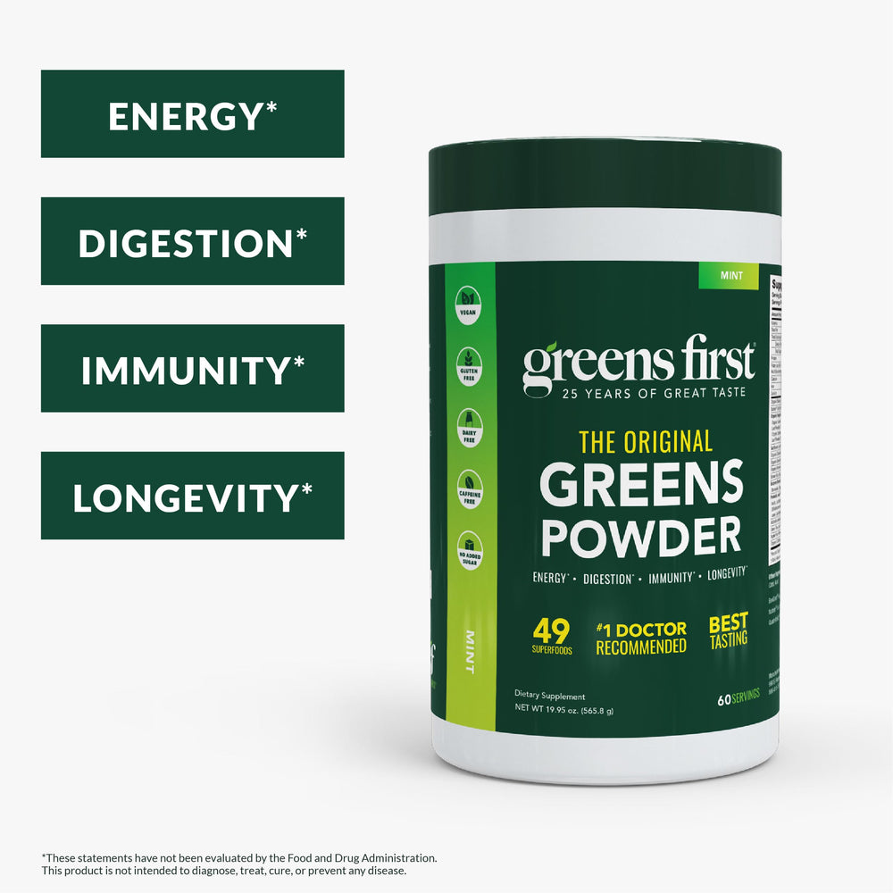 Greens First Original Greens Powder scoop ready for a quick daily serving.
