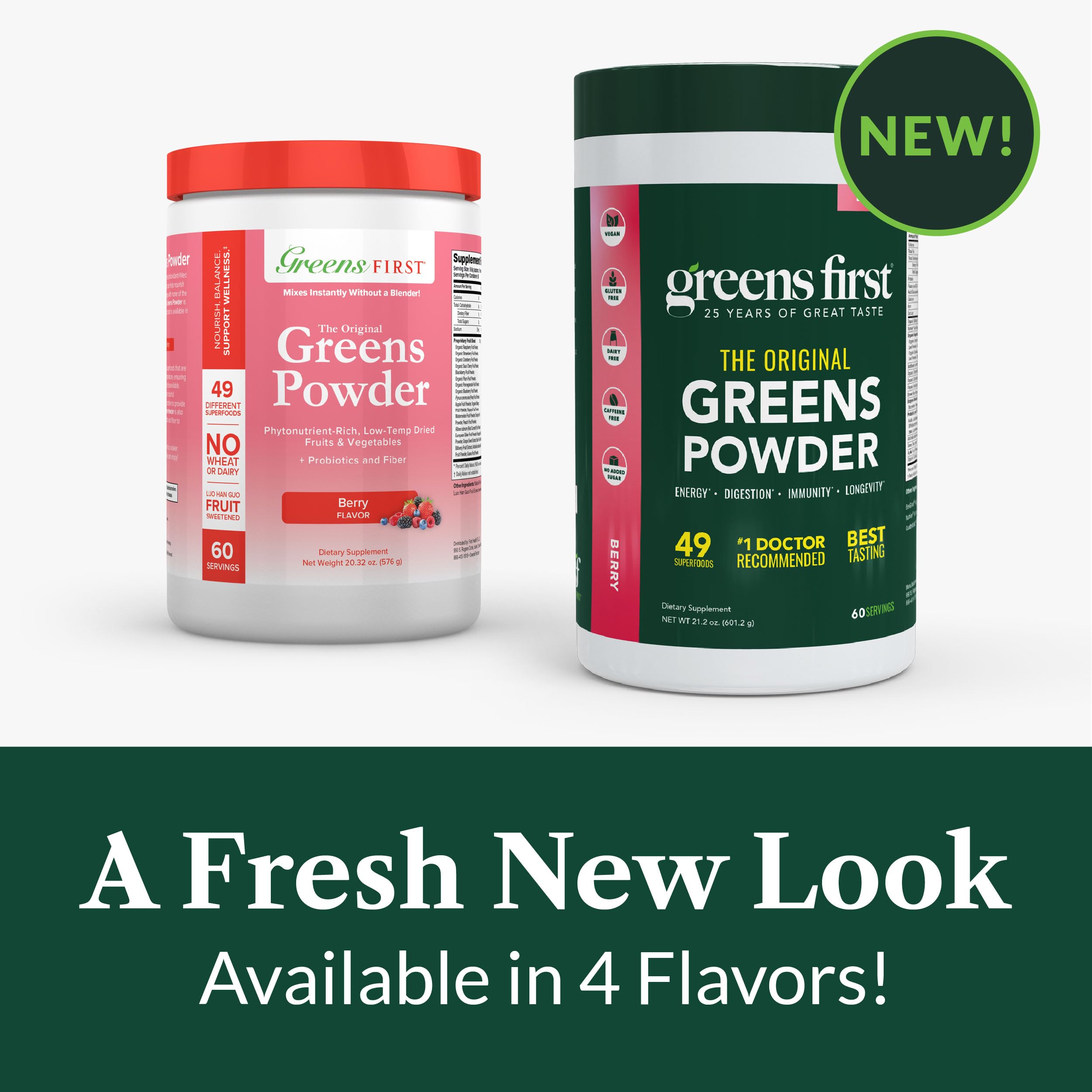 Mixed berry Greens First smoothie; vibrant color and balanced flavor.