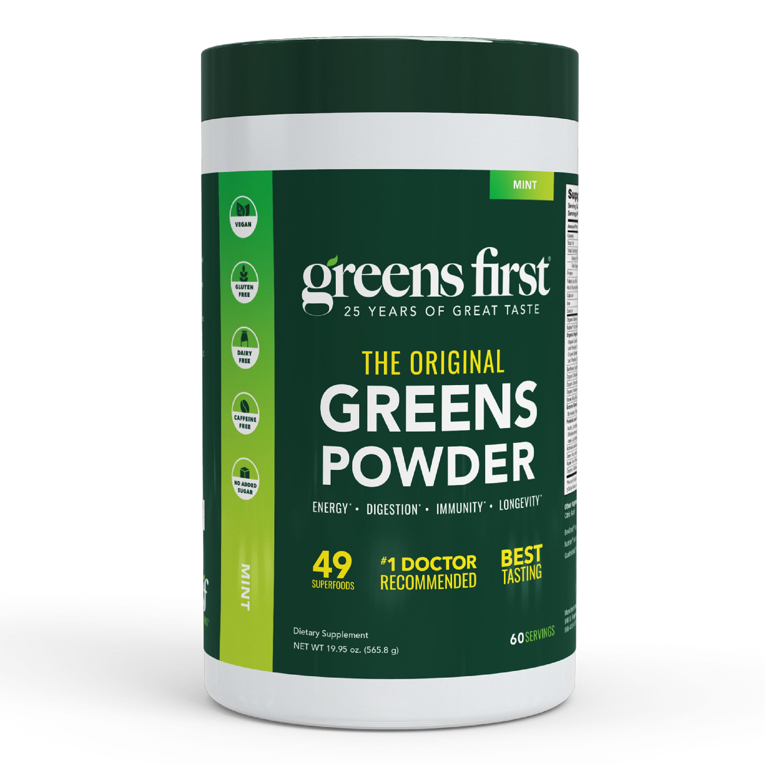 Greens First Original Greens Powder tub showing 49 superfoods for daily nutrition.