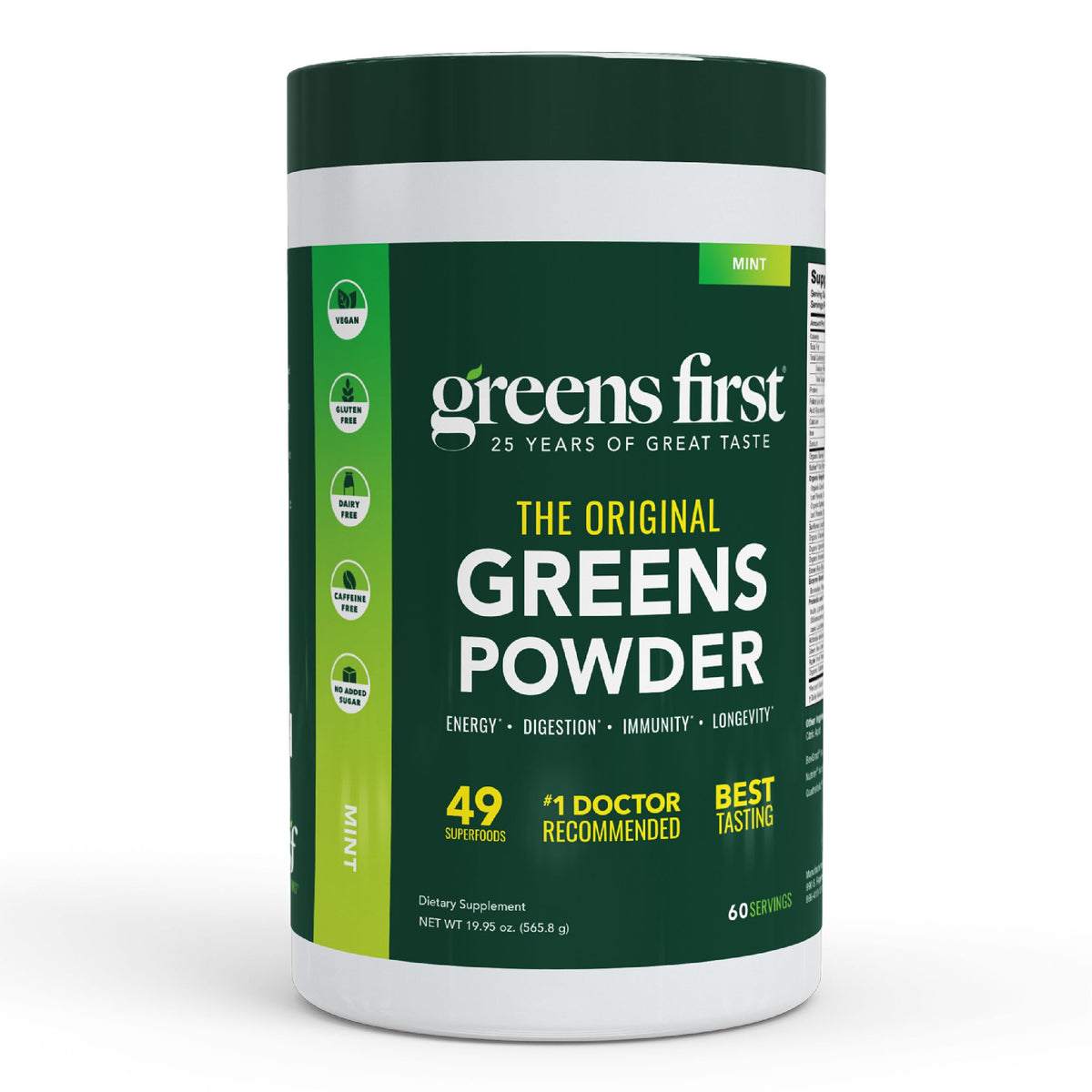 Greens First Original Greens Powder tub showing 49 superfoods for daily nutrition.