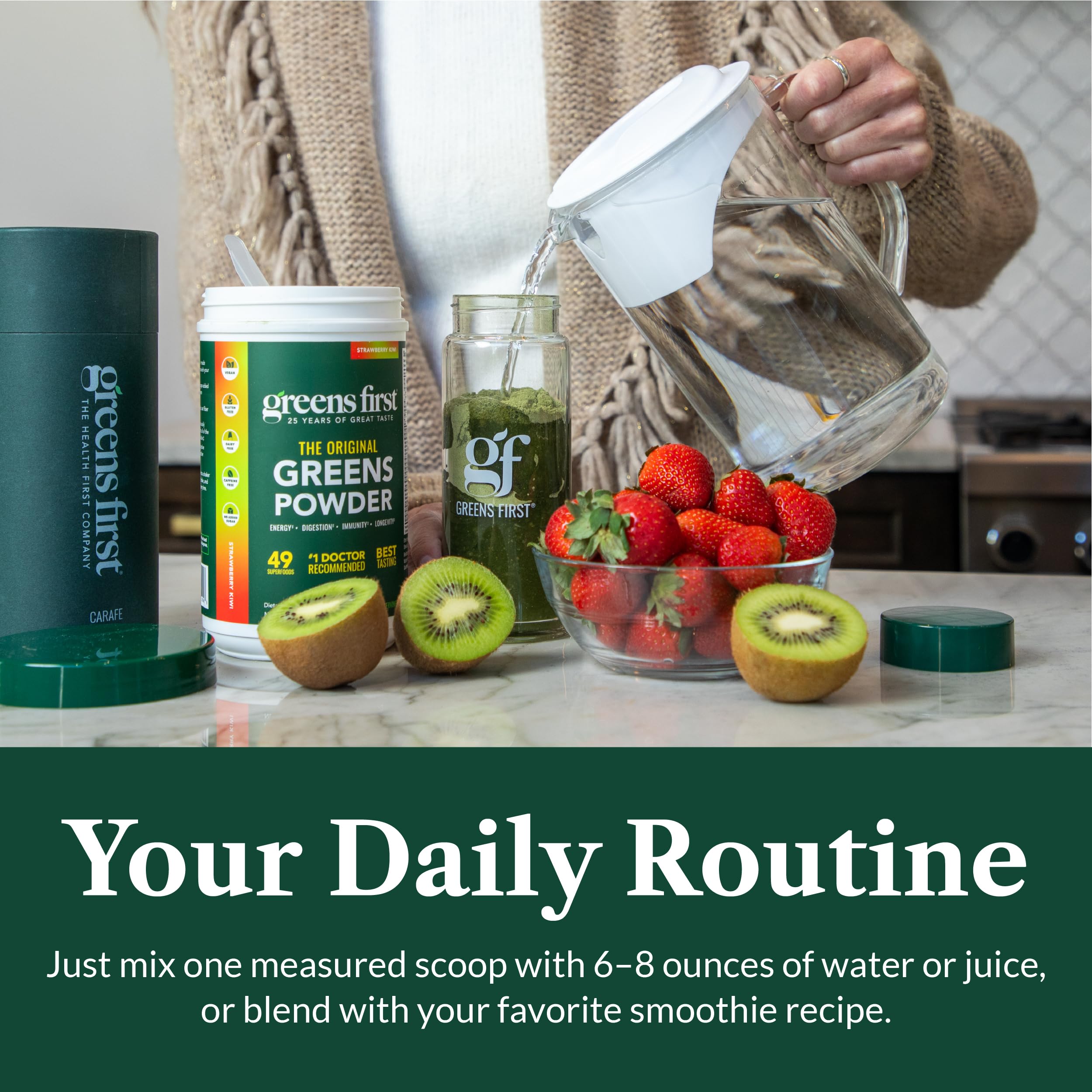 Greens First Original measuring scoop demonstrates simple daily portion