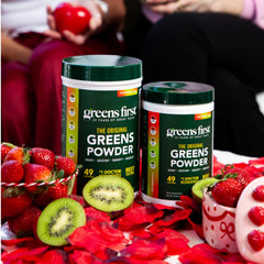Greens First Original organic fruits-vegetables collage emphasizes natural ingredients