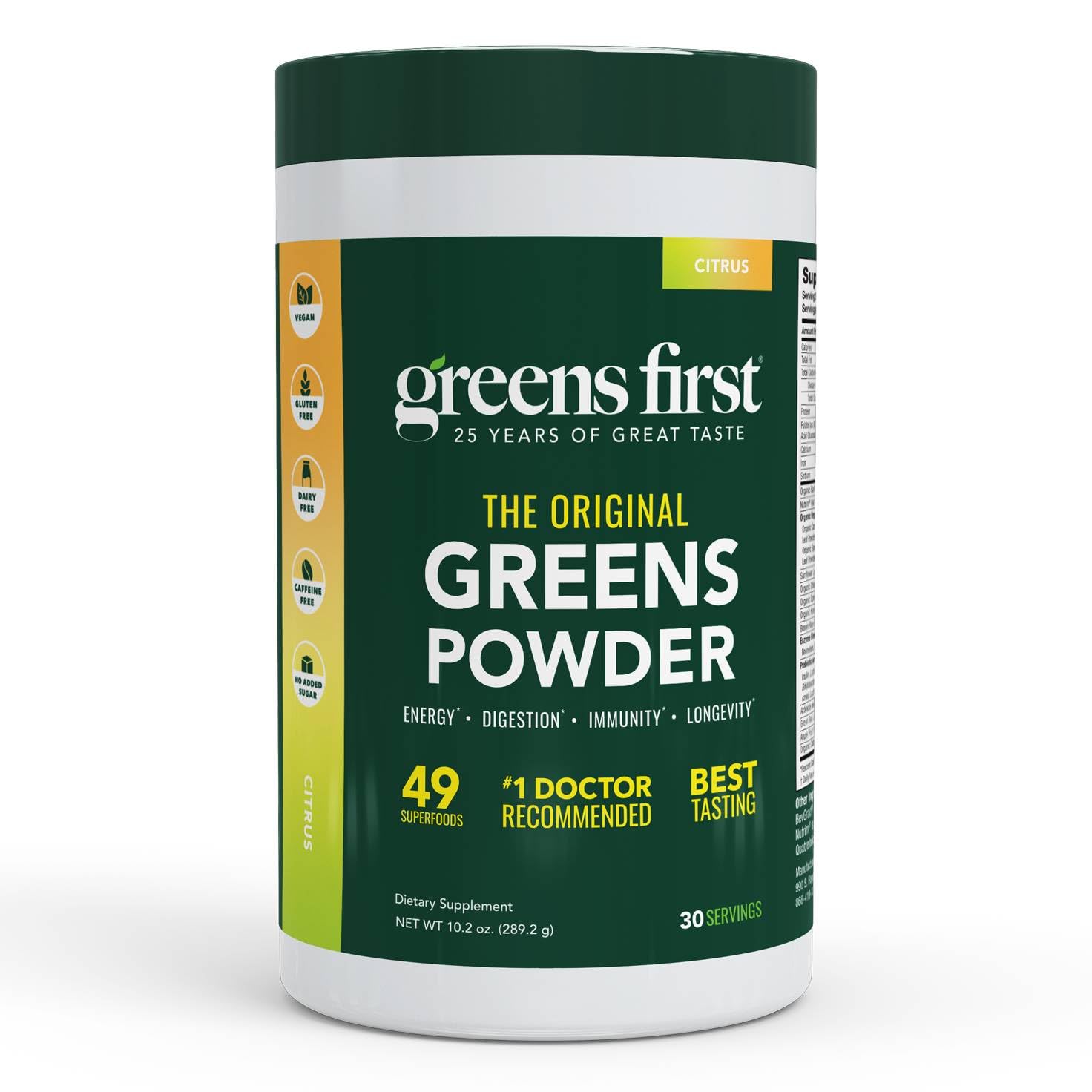 Greens First Original powder canister showcasing 49 superfoods for daily antioxidant support