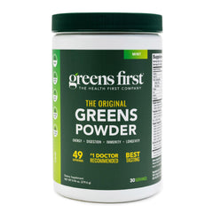 Greens First Original mint powder tub for daily nutrition.