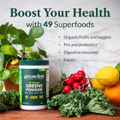 Greens First Original prebiotic-probiotic icons indicate gut-friendly blend