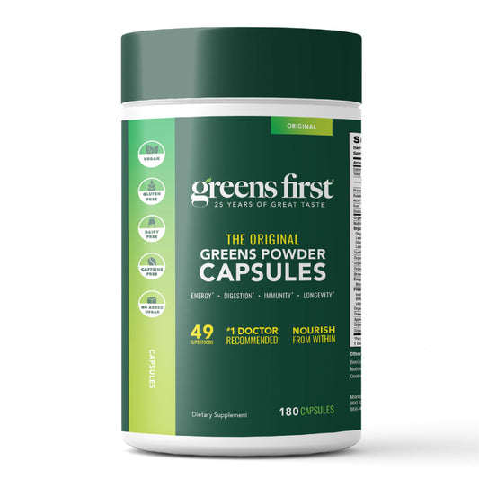 Greens First Phytonutrient Capsules bottle offers a convenient daily wellness option.