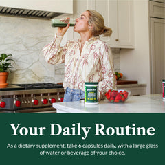 Greens First Phytonutrient Capsules pour demonstrates on-the-go nutrition for busy days.