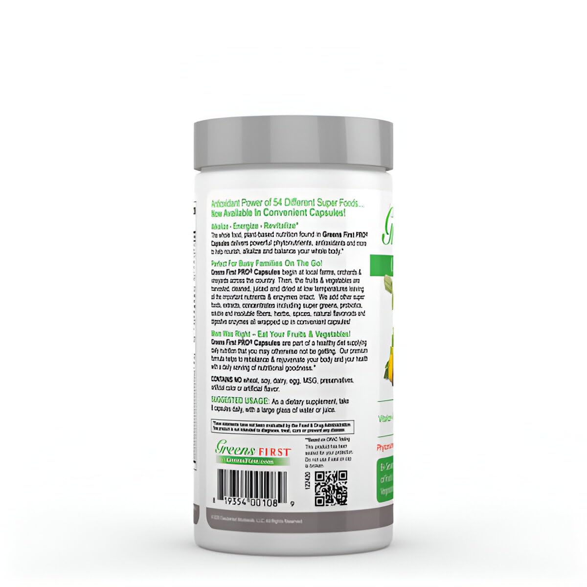Greens First Phytonutrient prebiotics-probiotics-digestive-enzymes closeup highlights digestive support potential.