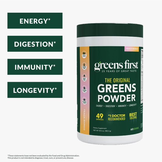 Greens First serving scoop beside powder illustrating easy one-scoop daily routine.