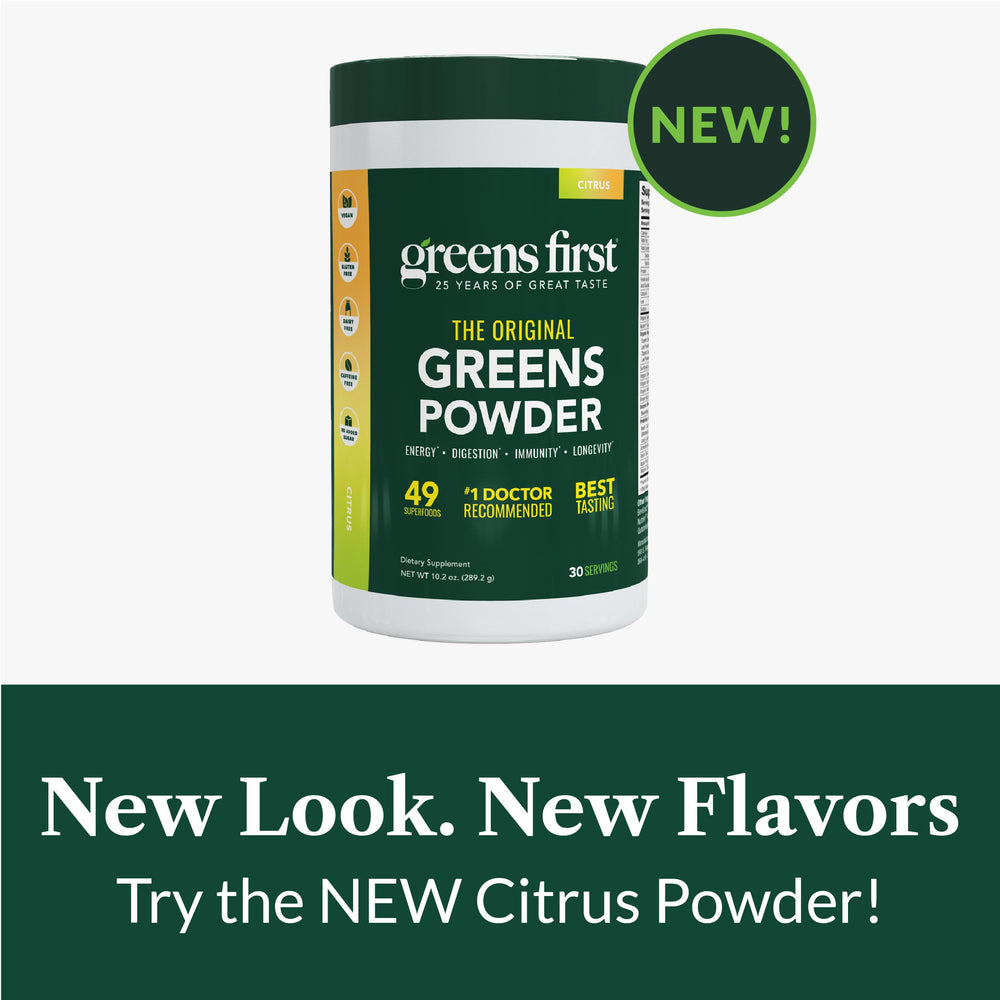 Greens First smoothie glass with vibrant color, antioxidant support in every sip