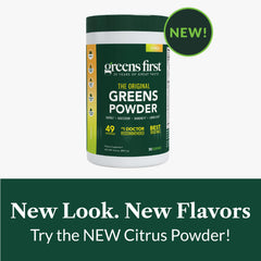 Greens First smoothie glass with vibrant color, antioxidant support in every sip
