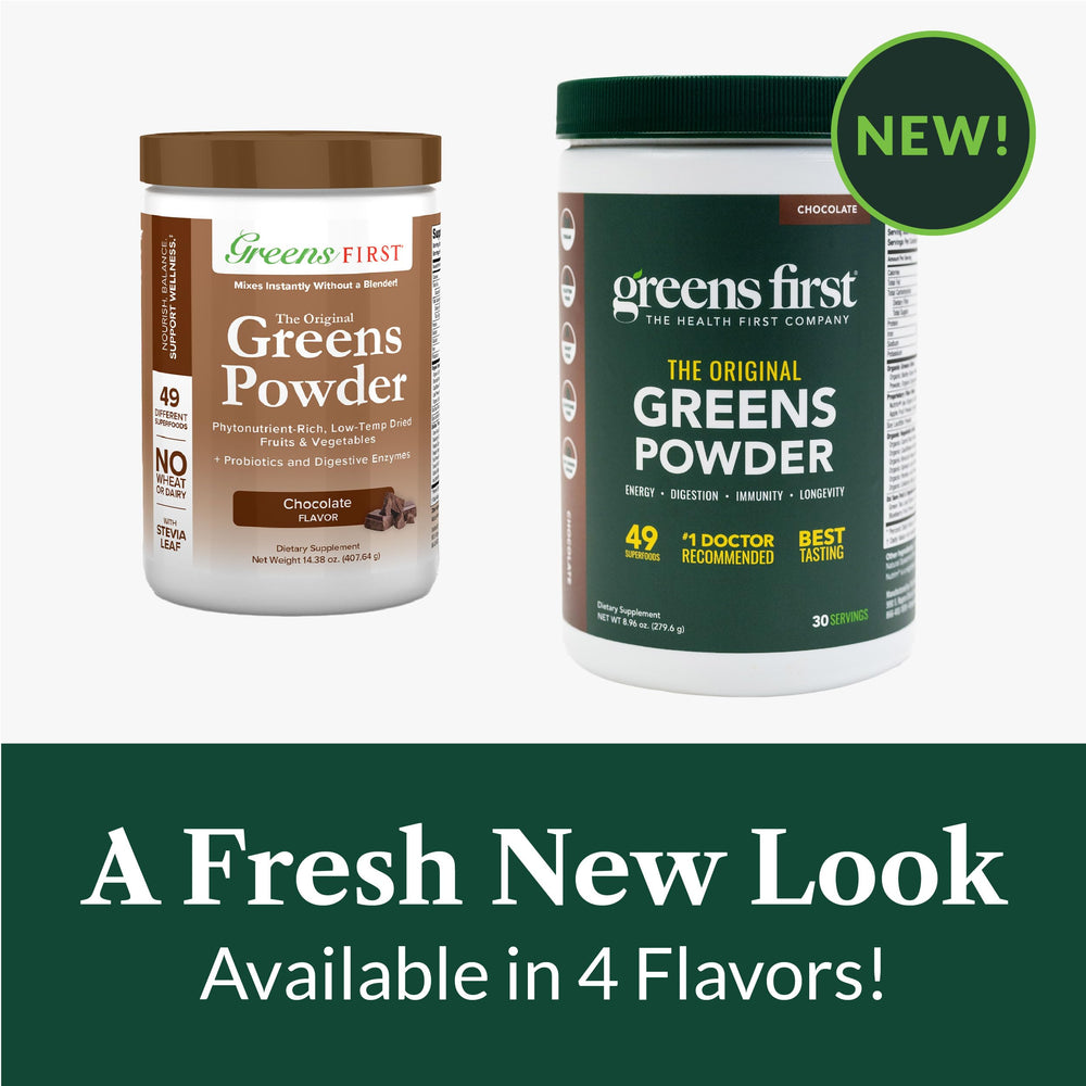 Greens First vegan, non-GMO formula with clean plant-based ingredients.