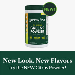 Vegan, non-GMO label on Greens First bottle indicating clean nutrition
