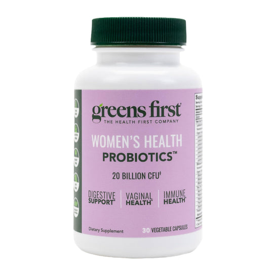 Greens First Women's Health Probiotics bottle on shelf signaling digestive balance.