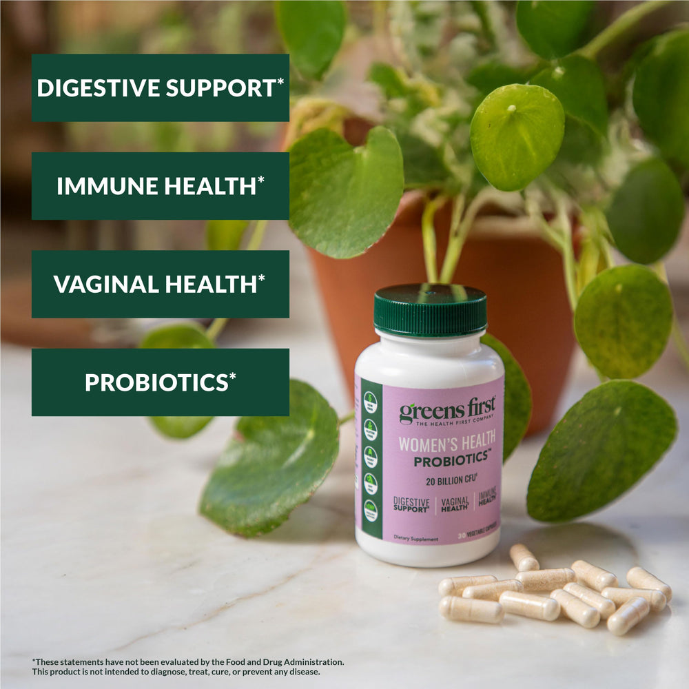 Close-up of Greens First capsules highlighting easy daily use.
