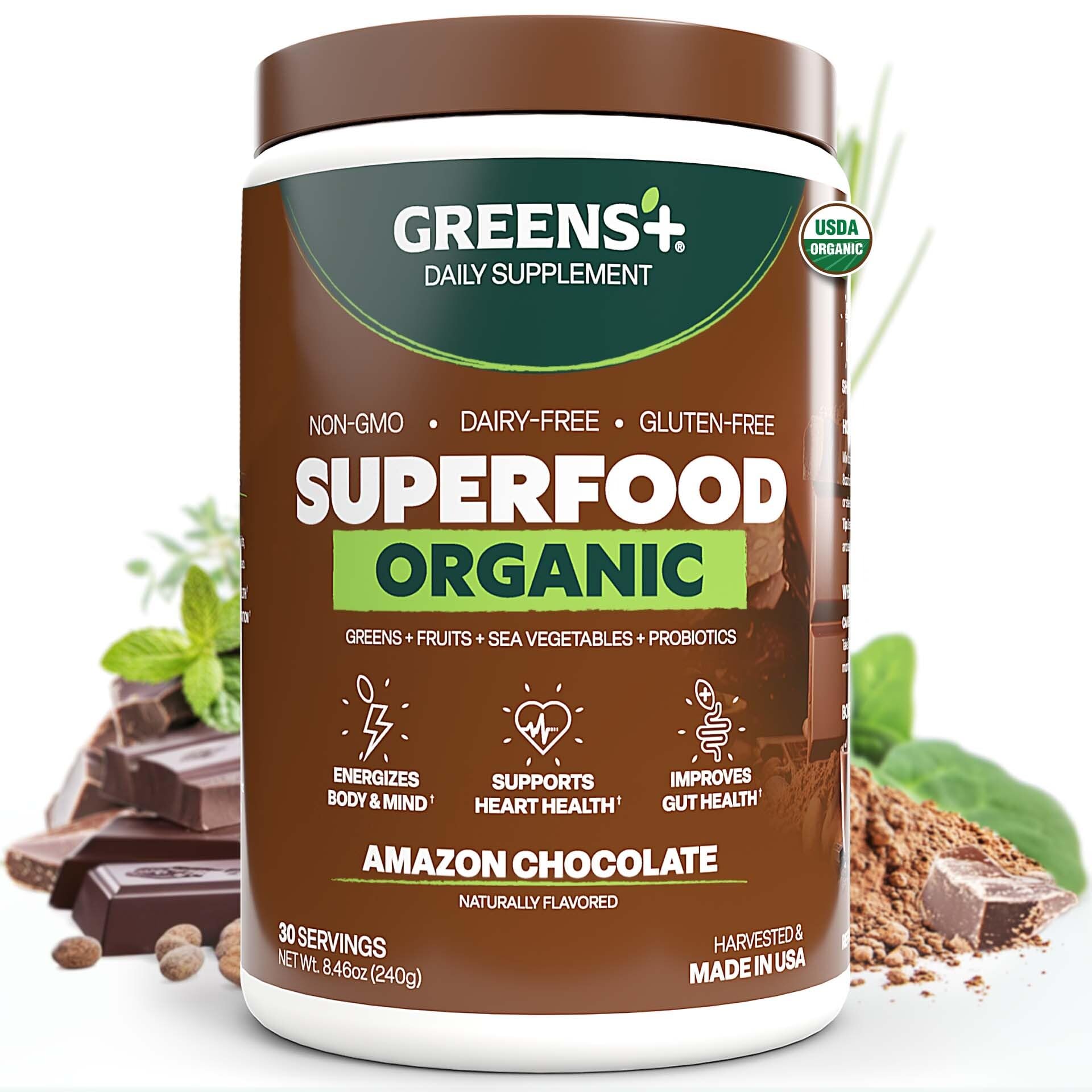 Greens+ Amazon Chocolate tub front with organic vegan formula