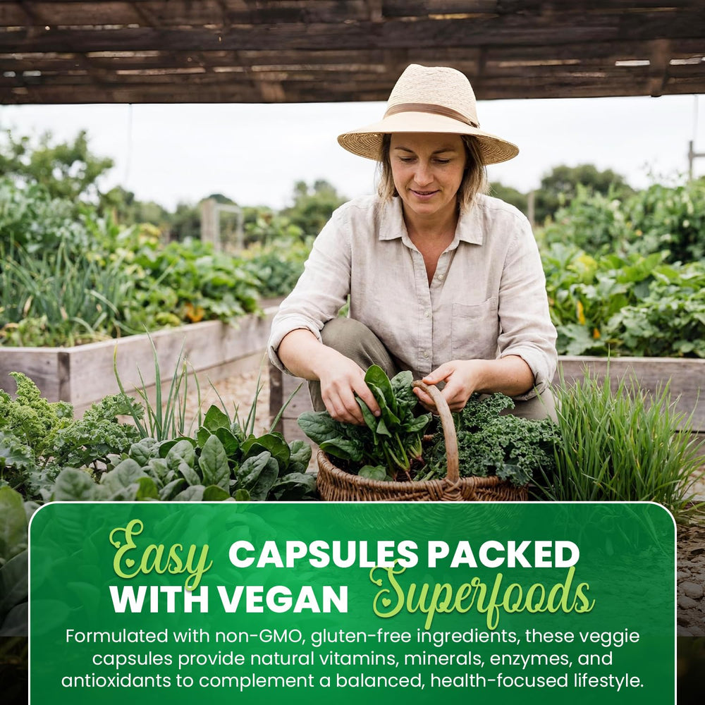 Greens+ digestive-support capsules close-up demonstrating easy daily intake